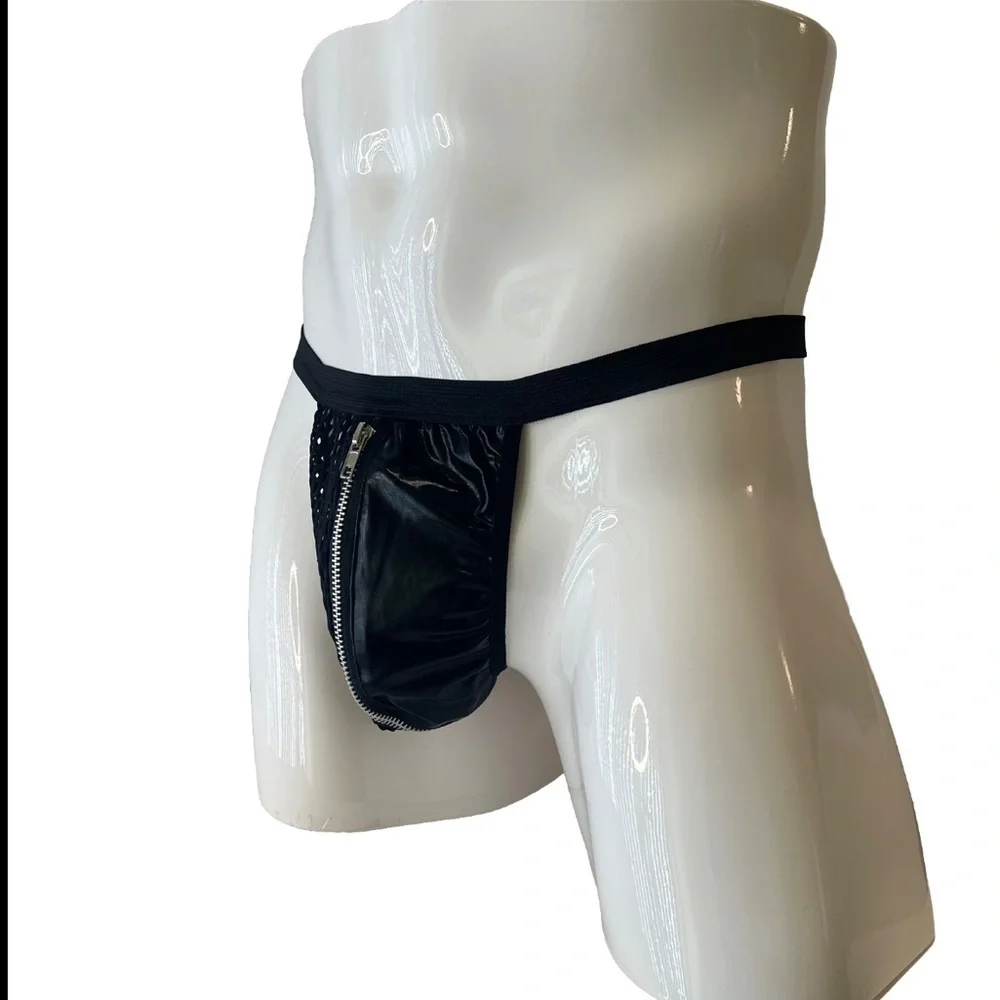 Thong G-String Black Medium Mens Zipper Front Reveal New With Tags